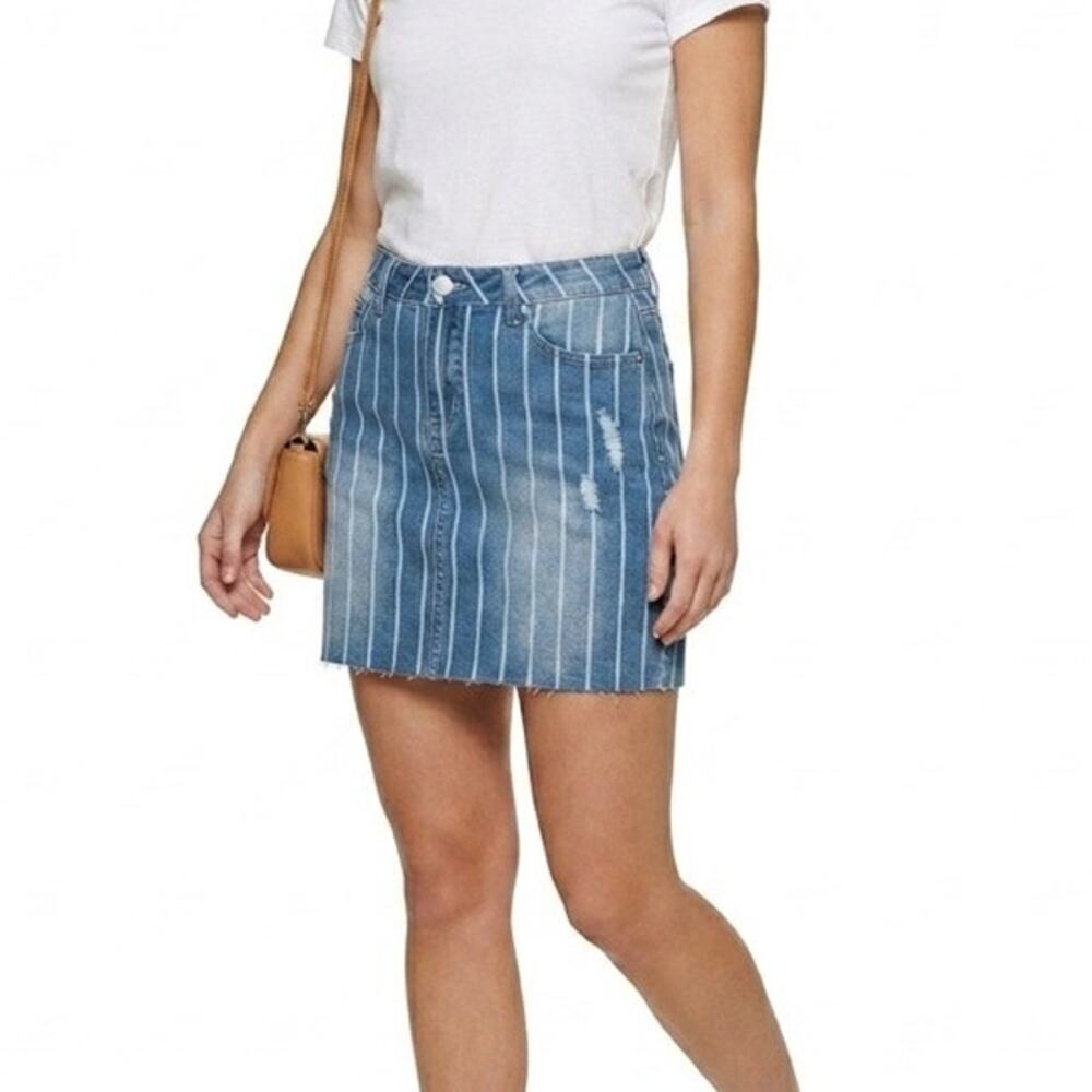 YMI Jeans Women's Denim Mini Skirt Size 11 Striped Cut Off Mid Rise Blue Jean
